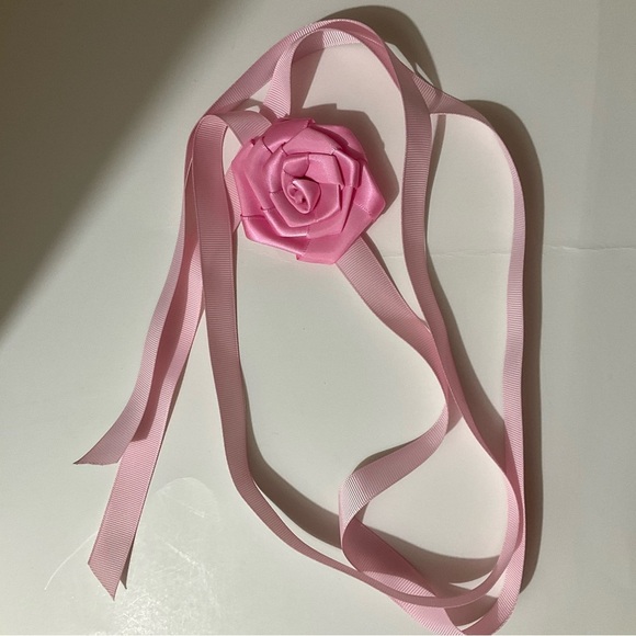 Hand Crafted Floral Choker Necklace Pink Ribbon Ties Flower Choker Wrap - Picture 6 of 11